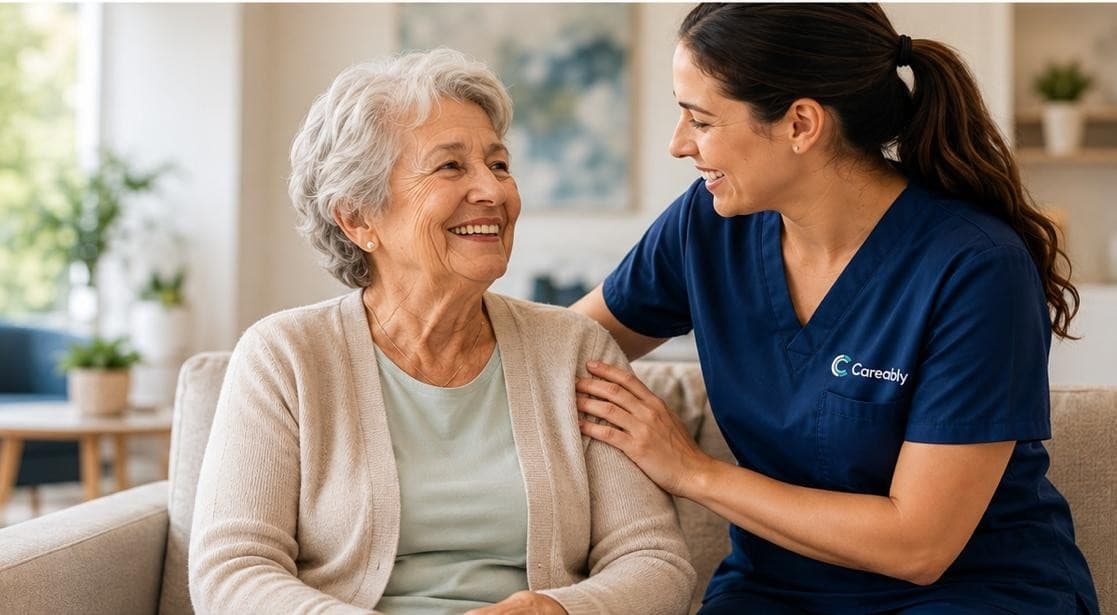 A care worker sitting with a resident in her own living room